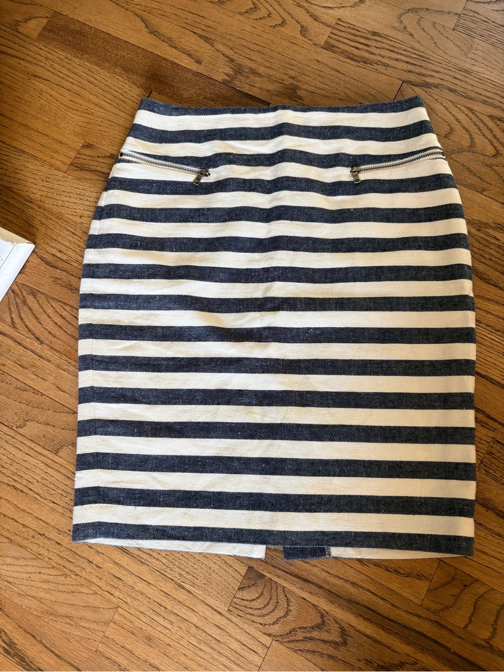 Ann Taylor Navy and White Striped Pencil Skirt with Zip Details